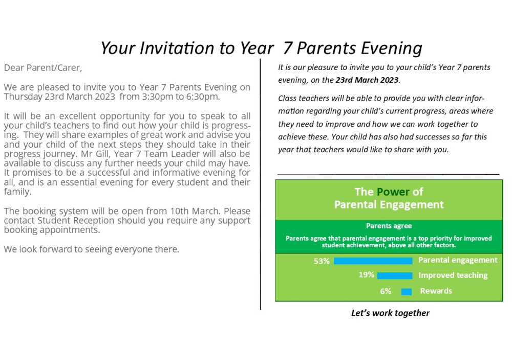 Parents evening invitation y7 b